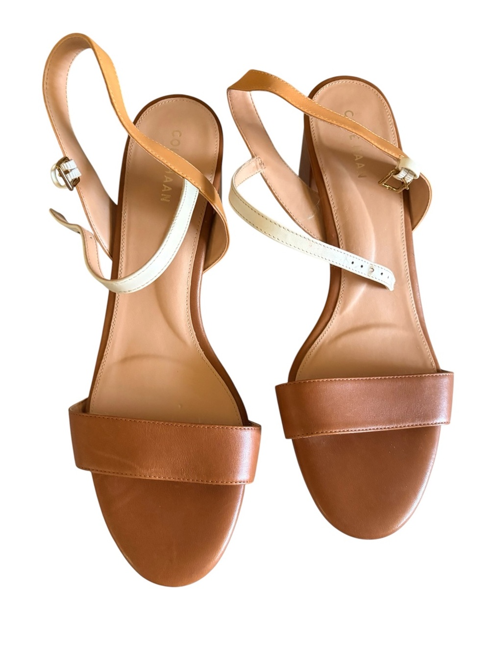 Cole Haan Tan and Cream Leather Slingback Sandals with Ankle Strap